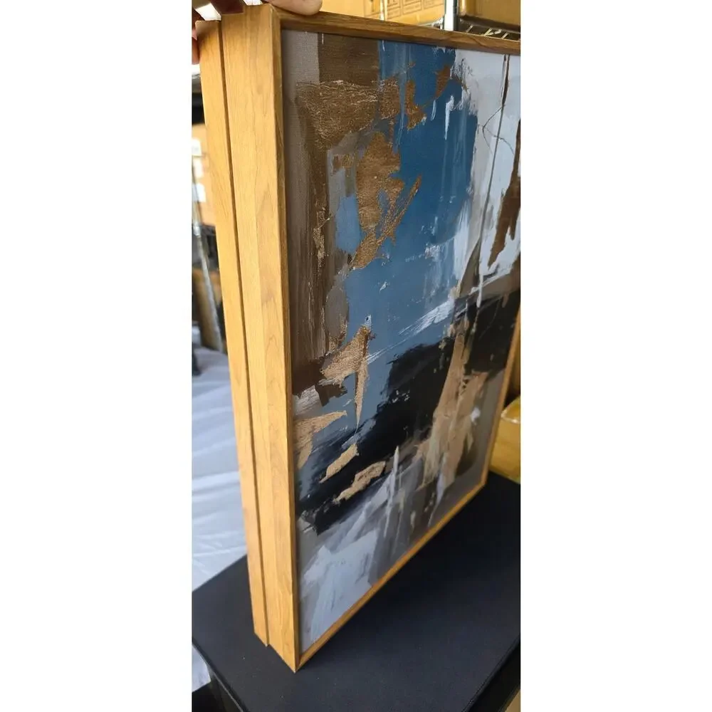 Navy Blue Gold Abstract Framed Canvas Wall Art Set 16x24 Triptych Decor. New OB